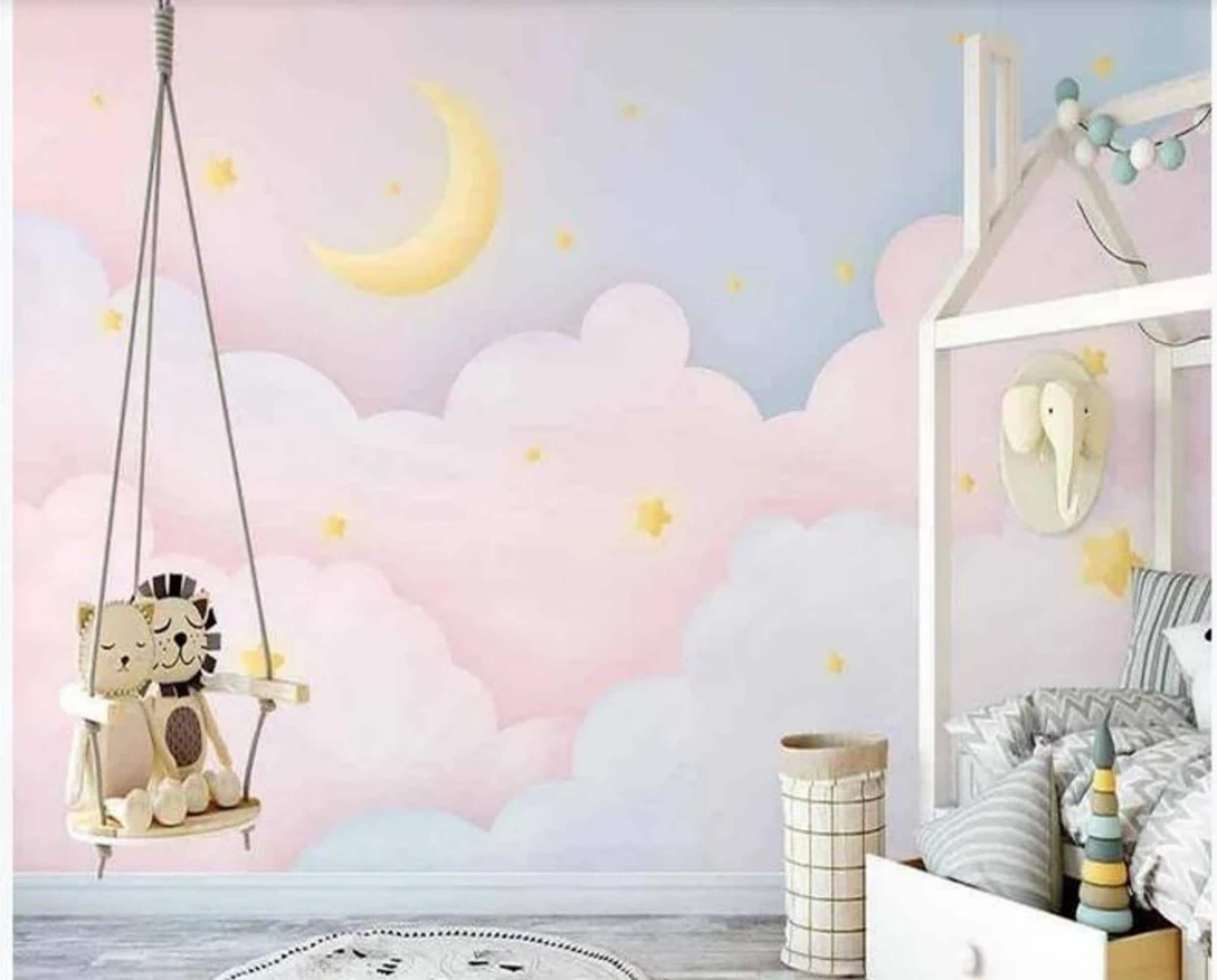 Pink Clouds Nursery Wallpaper: Moon and Stars Kids Room Mural