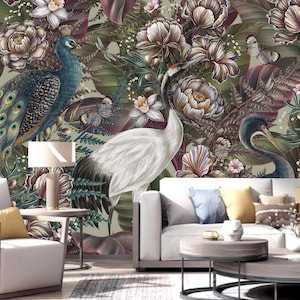 Tropical Plants Flowers and Peacock with Cranes Wallpaper Wall Mural Home Decor for Living Room Bedroom or Dinning Room
