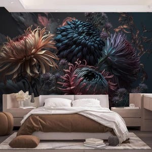Dark Background Chrysanthemums Flowers Floral Wallpaper Wall Mural Home Decor for Living Room Bedroon or Dinning Room