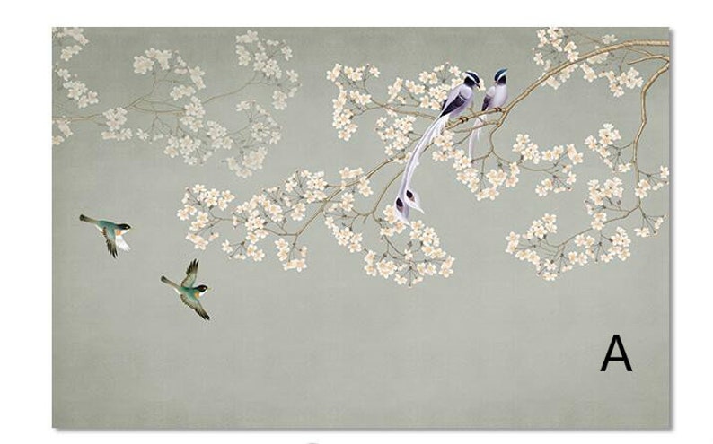 Chinoiserie Hanging Cherry Blossom Tree Wallpaper, Flying Vivid Birds ...