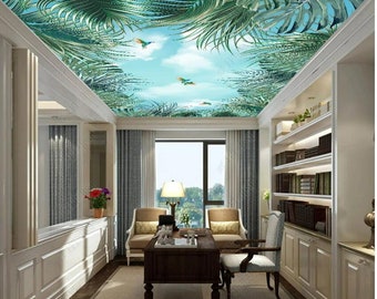 Southeast Asia Green Leaves Tropical Plants Skye Blue Living Room Bedroom Ceiling Wallpaper Wall Mural