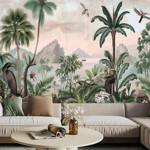 Tropical Rainforest Plants and Trees Flowers and River Jungle Forest Wallpaper Wall Mural Wall Decor for Living Room Bedroom or Dinning Room