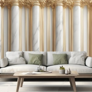 3D White Columns Gold Trim Wallpaper Mural: Peel and Stick