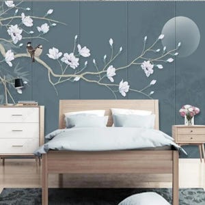 Hanging Magnolia Wallpaper White Flower with Flying Birds Wall Murals Wall Decor