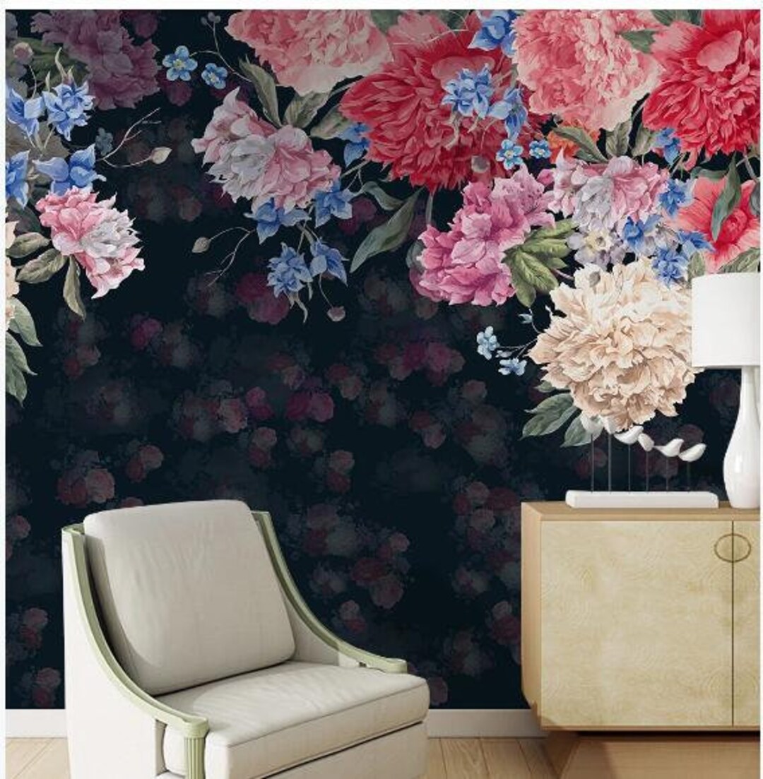 Dark Background Pink and Red Peony Wallpaper Handpainted - Etsy