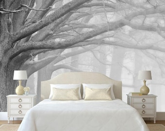 Black and White Forest Tree Wallpaper Mural: Peel and Stick