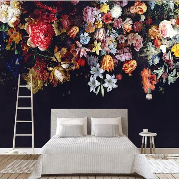 Dark Floral Wallpaper Mural: Dutch Oil Painting Style, Peel and Stick