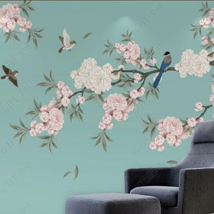 Chinoiserie Brushwork Hanging Begonia Flowers with Birds Wall Murals Home Decor