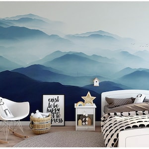 Ombre Mountains Mural Wallpaper Geometry Mountain Landscape Wallpaper with Flying Birds Nursery Decor Wall Murals