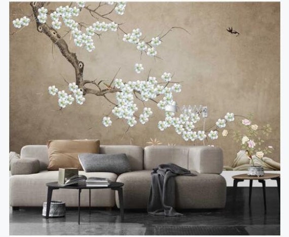 Chinoiserie Brushwork Hand Painted Hanging Cherry Tree and Birds Wallpaper Vivid Birds Floral Wallpaper Home Decor Wall Murals