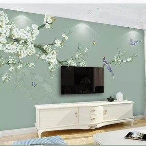 Chinoiserie Hand Painted Hanging Cherry Blossom Tree Wallpaper, Flying ...