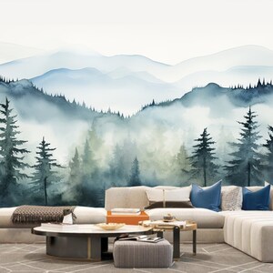 Cartoon Misty Pine Trees Forest Kids&#39; Babies&#39; Children&#39;s Room Nursery Wallpaper Wall Mural Home Decor
