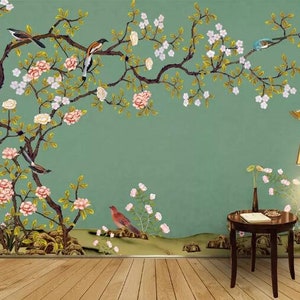 Chinoiserie Brushwork Hand Painted Hanging Cherry Tree and Birds Wallpaper, Vivid Birds and Peony Flowers Floral Wall Murals Wall Decor