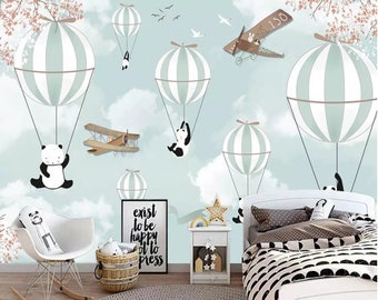 Cartoon Blue Background Hot-air Balloon Wallpaper, Lovely Pandas Airplane Wall Murals Babies Room Nursery Wallpaper Home Decor