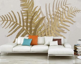 Golden Embossed Creative Leaves Art Wallpaper Wall Murals Home Decor