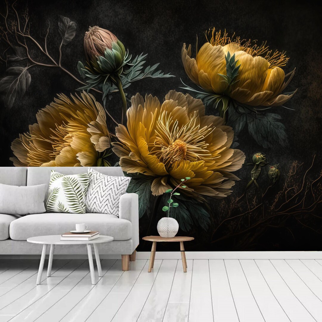 Vintage Peony Wallpaper Mural: Dark Brown & Yellow American Style - Etsy