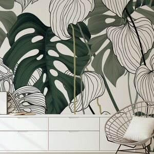 Carta da parati murale con foglie di banano verde scuro e nero a schizzo tropicale per la decorazione della parete di sfondo della TV del soggiorno, murales di dimensioni personalizzate
