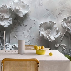 Carta da parati murale in gesso floreale con fiori bianchi 3D, decorazione per la casa, per soggiorno, camera da letto o sala da pranzo
