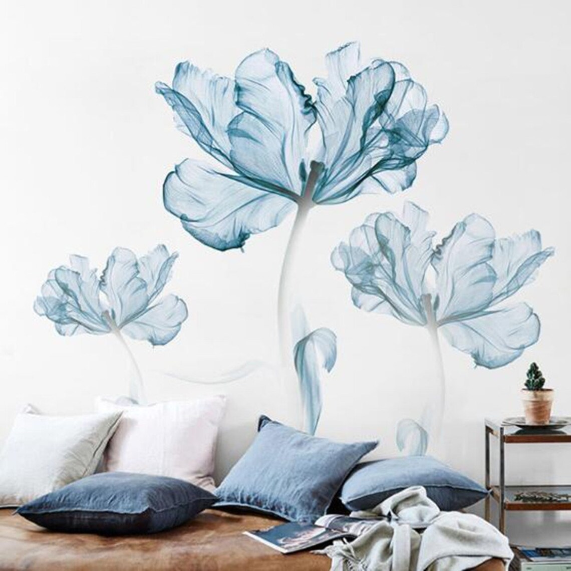 Light Blue Flowers Wall Paper Big Flowers Wallpaper Nursery Etsy