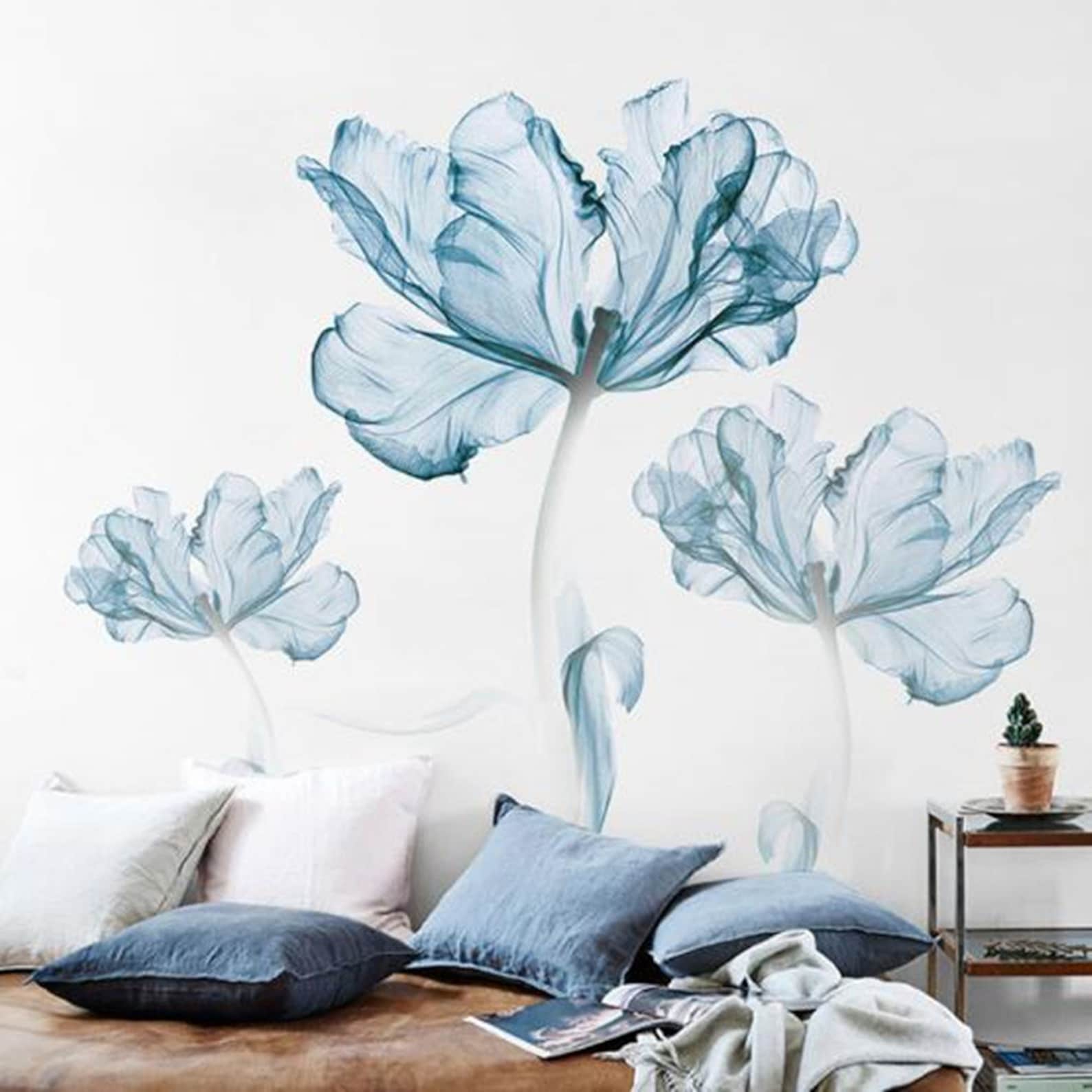 Light Blue Flowers Wall Paper Big Flowers Wallpaper Nursery | Etsy