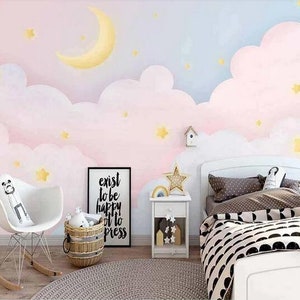 Cartoon Pink Clouds Nursery Children Wallpaper, Moon and Stars Kids Children Baby Girls Room Wall Mural image 3