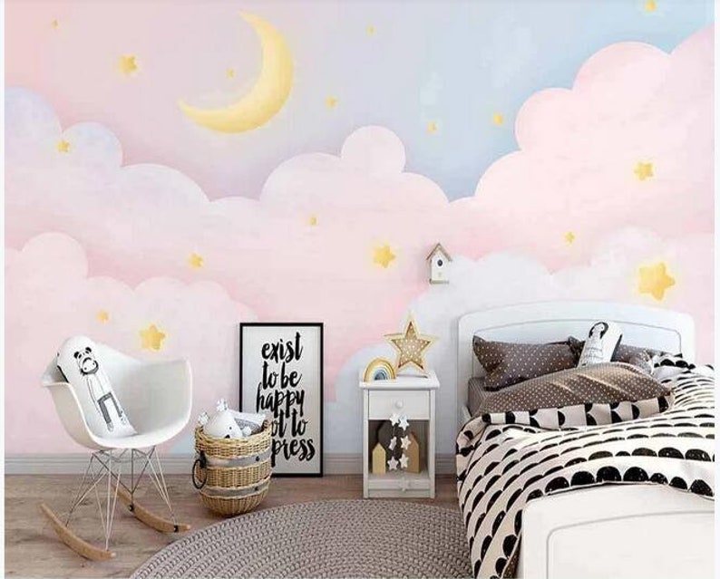 Cartoon Pink Clouds Nursery Children Wallpaper, Moon and Stars Kids Children Baby Girls Room Wall Mural image 3