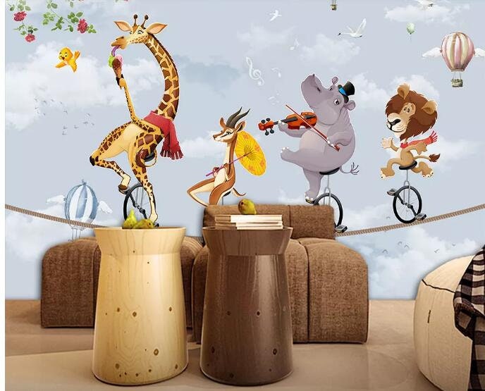 Cartoon Animal Riding Bike Wallpaper Deer Elephant Bear and | Etsy