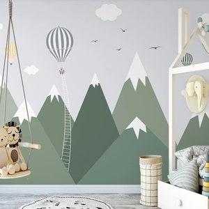 Simple Mountain Hot Air Balloon Nursery Children&#39;s Room Background Wallpaper Wall Murals