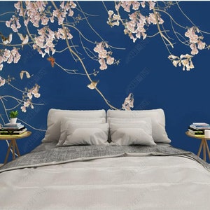 Behangschildering koningsblauwe magnolia: vogels, bloemen muurdecoratie