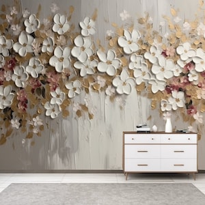 Abstract White Small Flowers with Gold Leaves Floral Wallpaper Wall Mural Home Decor for Living Room Bedroom or Dinning Room