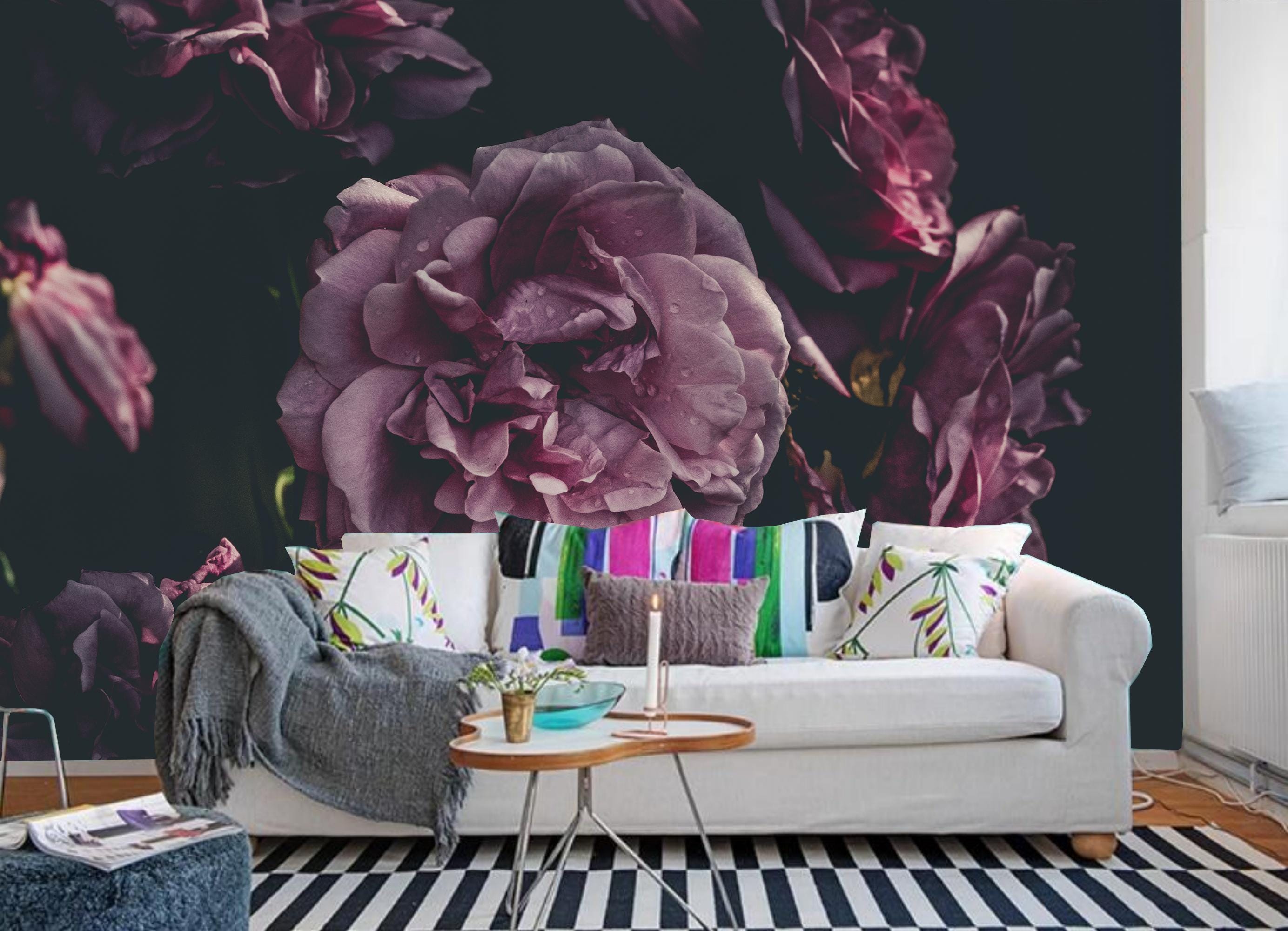 Dark Purple Peony Floral Wallpaper Mural: Peel & Stick Home Decor - Etsy