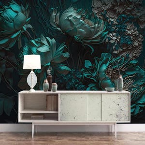 Dark Background Green Peony Flowers Floral Wallpaper Wall Mural Home Decor for Living Bedroom or Dinning Room