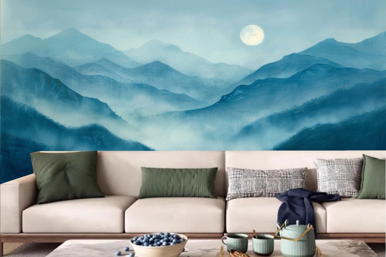 Cartoon Blue Mountains Kids' Babies' Children's Room Nursery Wallpaper Wall Mural Home Decor image 3
