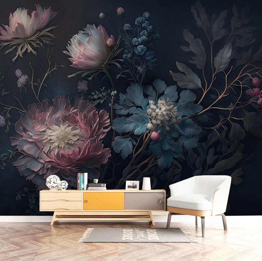 Dark Floral Peony Wallpaper Mural: Peel and Stick Home Decor - Etsy