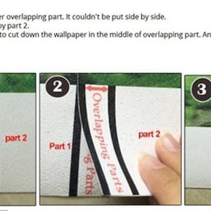 K&ouml;nnte beinhalten: Ein Diagramm, das zeigt, wie man zwei Tapetenst&uuml;cke zusammenn&auml;ht. Das Diagramm zeigt zwei Tapetenst&uuml;cke mit einer &Uuml;berlappung von 1-2 Zentimetern. Die Anweisungen besagen, dass man ein Lineal und ein Messer verwenden soll, um die Tapete in der Mitte des &uuml;berlappenden Teils abzuschneiden und dann die &uuml;berlappenden Teile abzul&ouml;sen.
