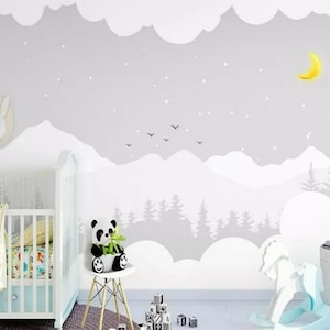 Northern European Hand Painted Trees Forest Nursery Children Wallpaper, Grey Clouds and Stars with Birds Kid Children Room Wall Mural