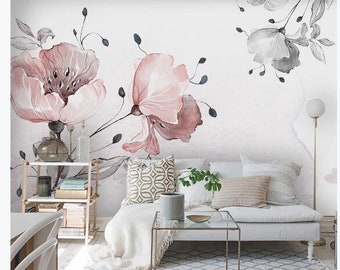 Watercolor Pink Flowers Floral Wallpaper, Handpainted Beautiful Big Rose Wall Murals Wall Decor for Living or Dinning Room