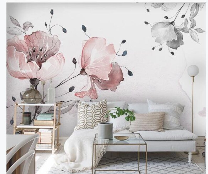 Watercolor Pink Flowers Floral Wallpaper Handpainted Etsy