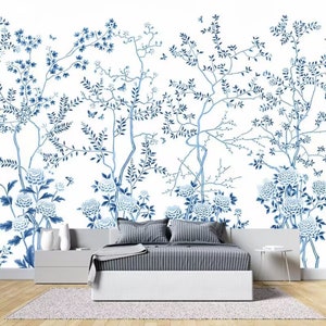 Chinoiserie Brushwork Vine Blue Peony Flowers Wallpaper Wall Mural Home Decor for Living Room Bedroom or Dinning Room