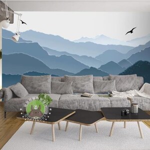 Ombre Mountains Geometry Wallpaper, Handpainted Geometric Mountains with Flying Bird Nursery Wall Murals Wall Decor