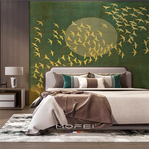 Chinoiserie Green Background Flying Birds Wallpaper Home Decor Wall Murals