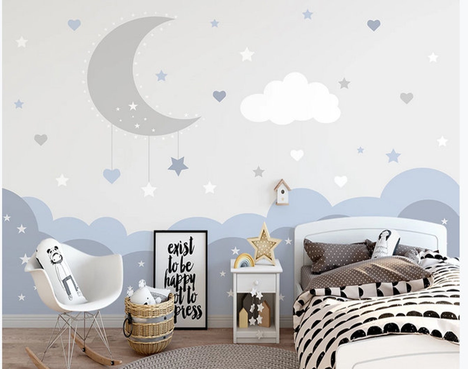 Cartoon Creative Clouds Nursery Wallpaper Lovely Stars and | Etsy