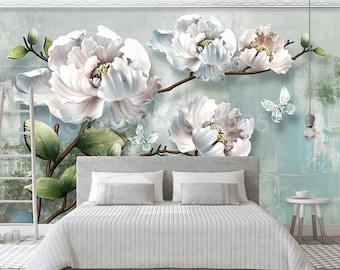 3D Stereoscopic Embossed Flower Wall Mural Wallpaper for Living Room Bedroom TV Background Wall Home Decor