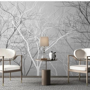 Shabby Trees Forest Grey and White Tree Forest Wallpaper Wall Mural Home Decor
