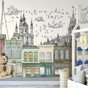 Hand Painted Cartoon Abstract Buildings Wallpaper, Flying Birds and Buildings Wall Mural, Baby&#39;s Room Nursery or Kid&#39;s Room Wallpaper