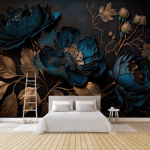 Blue Peony Floral Wallpaper Mural: Dark Background Home Decor