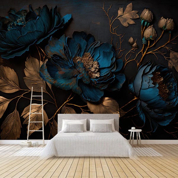 Blue Peony Floral Wallpaper Mural: Dark Background Home Decor