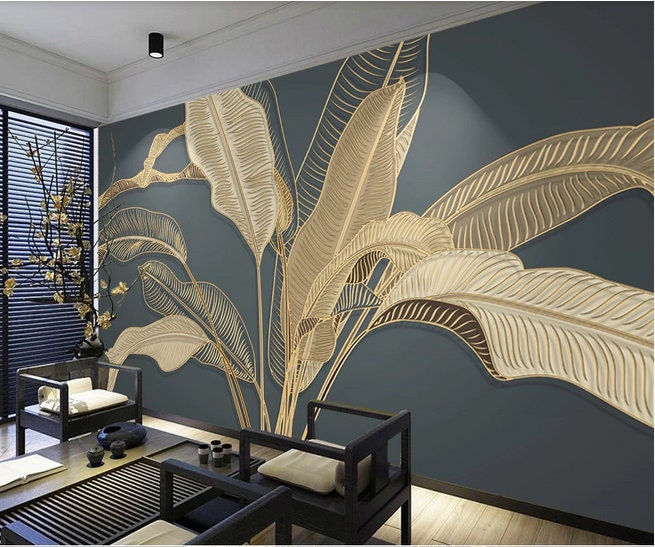 Gold Banana Leaf Wallpaper: 3D Wall Mural, Peel & Stick - Etsy