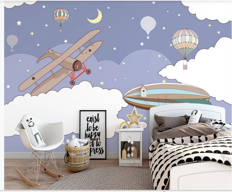 Cartoon Airplane Nursery Wallpaper: Blue Sky Kids Room Wall Mural - Etsy