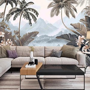 Retro tropischer Regenwald Kokosnussbäumen Wald mit Bergen Landschaft Wallpaper Wandbild Wohnkultur